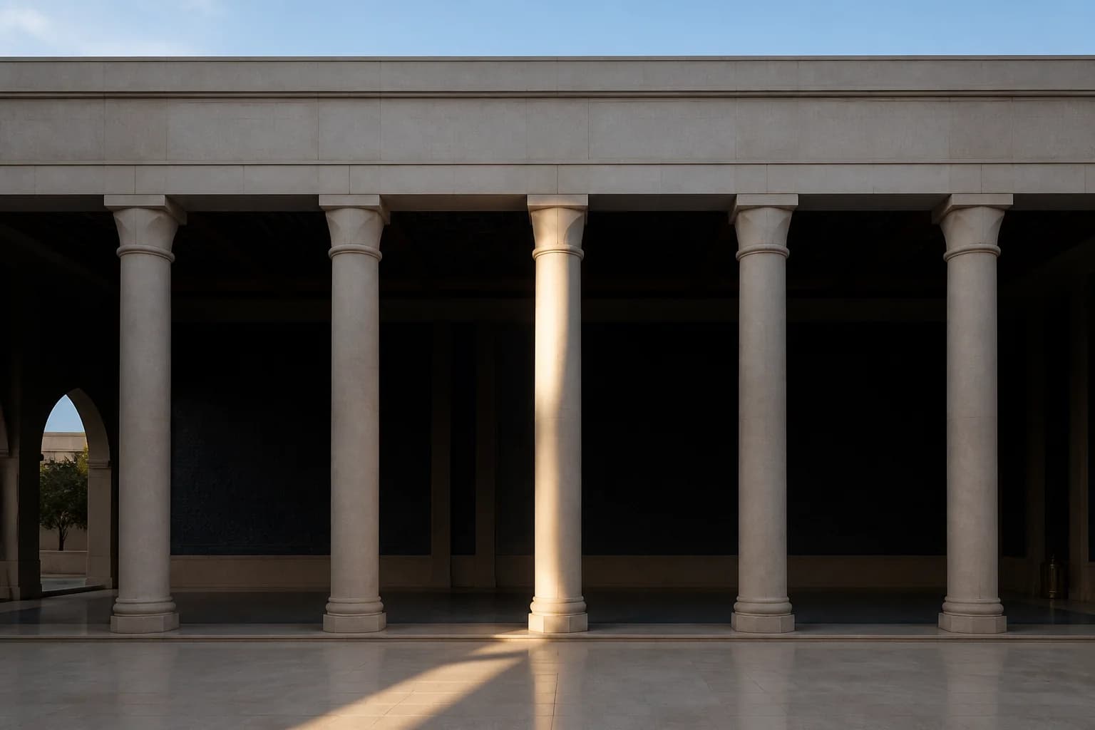 Five stone columns, with the third illuminated by morning light
