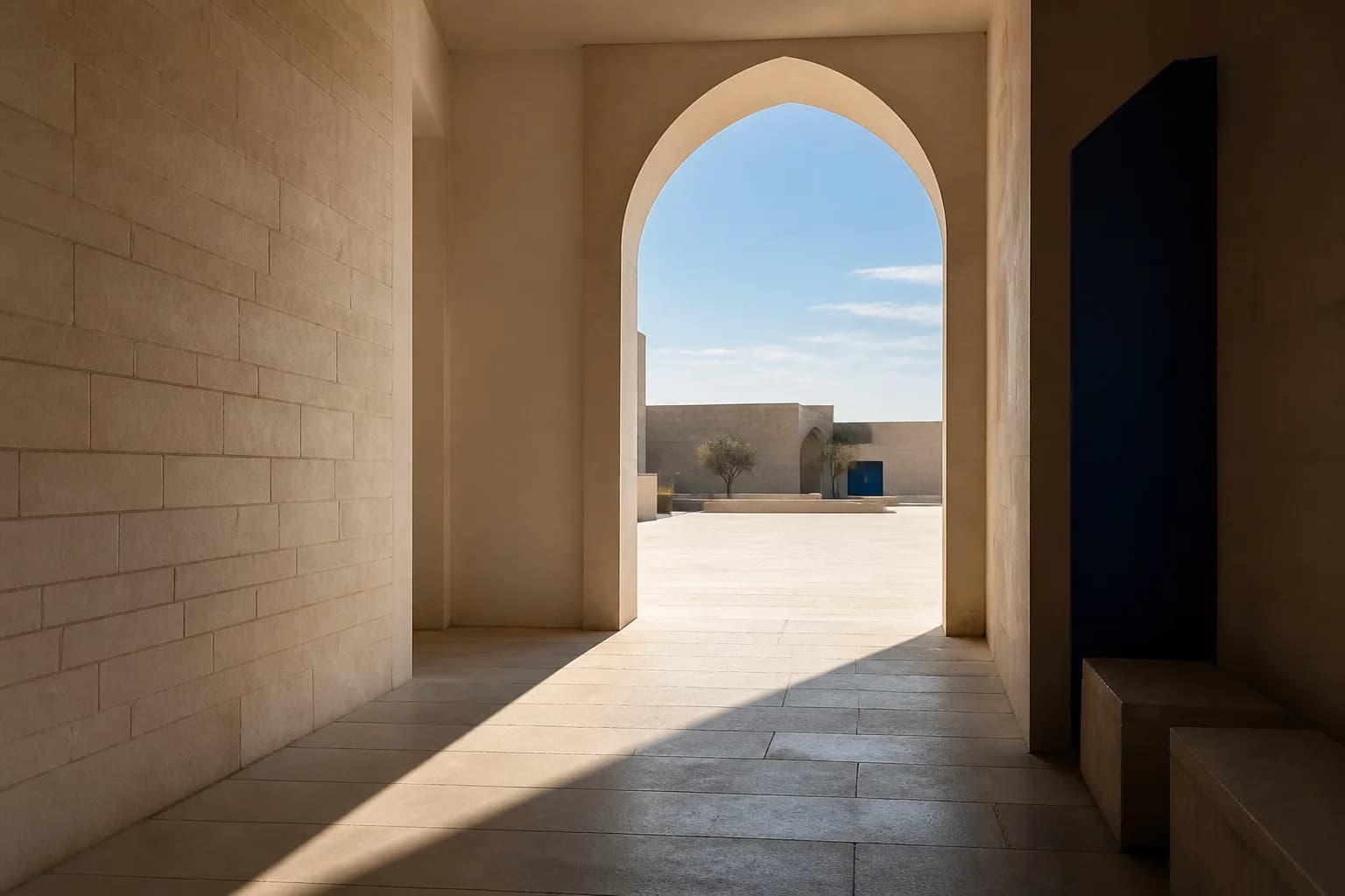 A sunlit path leading through an open arched threshold